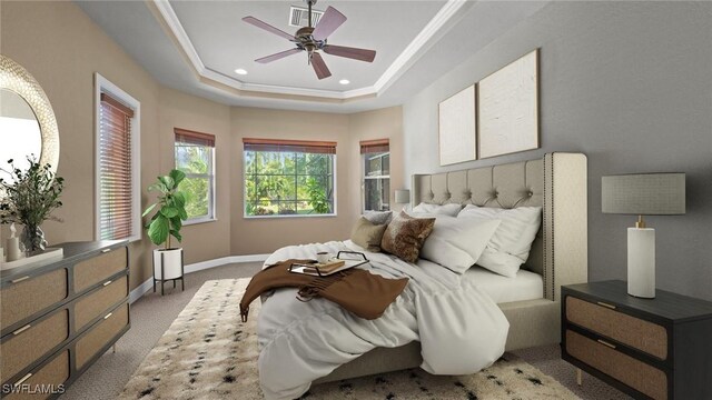 bedroom featuring ceiling fan, a tray ceiling, crown molding, and light carpet