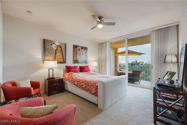 bedroom featuring ceiling fan, light colored carpet, and access to exterior