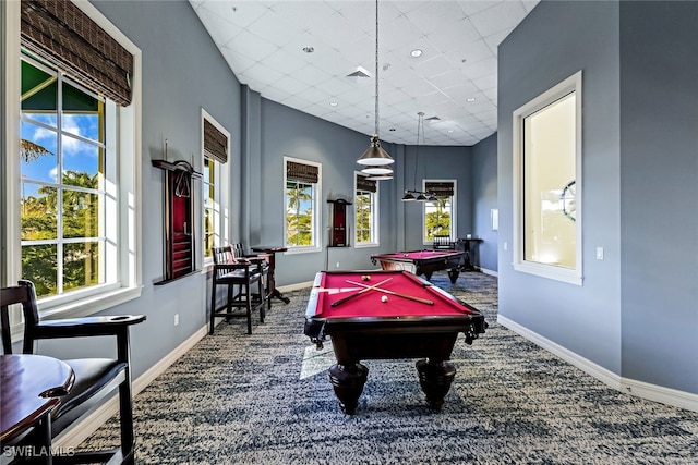 recreation room with carpet floors, a paneled ceiling, and pool table