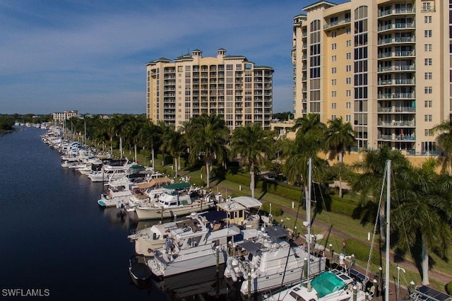 bird's eye view with a water view