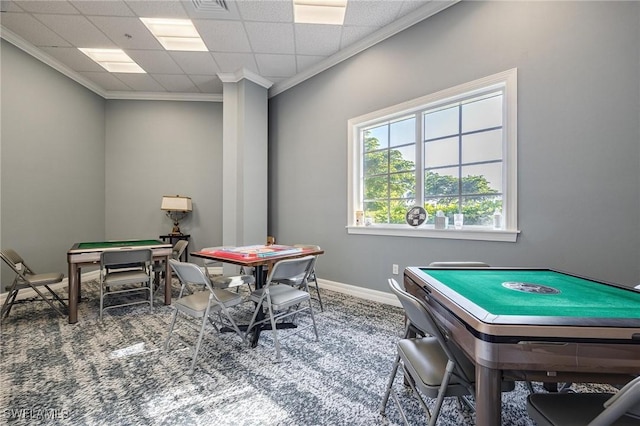 playroom featuring crown molding, pool table, carpet, and a drop ceiling