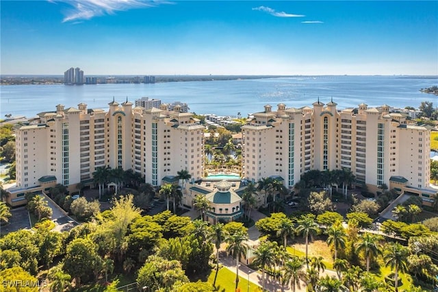 aerial view featuring a water view