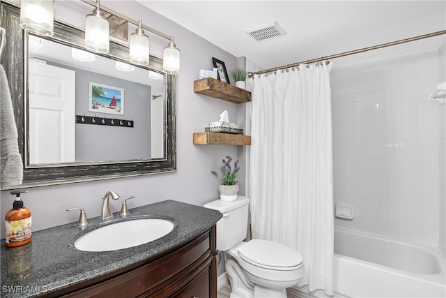 full bathroom featuring toilet, vanity, and shower / bath combination with curtain