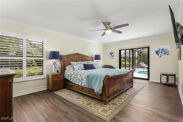 bedroom with access to exterior, crown molding, dark hardwood / wood-style floors, and ceiling fan