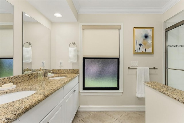 bathroom with an enclosed shower, ornamental molding, tile patterned floors, and vanity