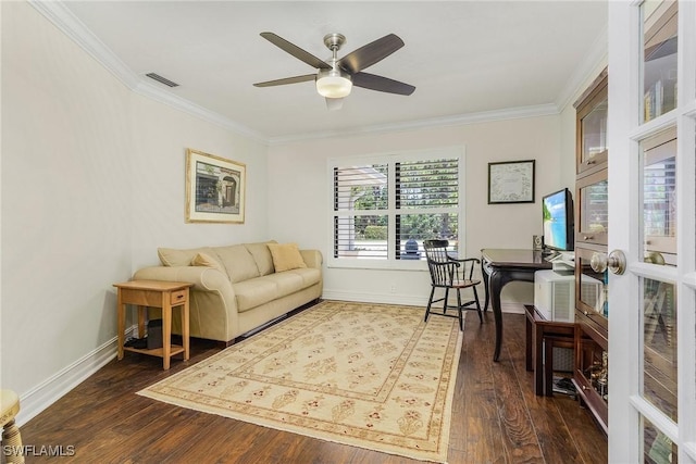 living room with crown molding, ceiling fan, and dark hardwood / wood-style flooring