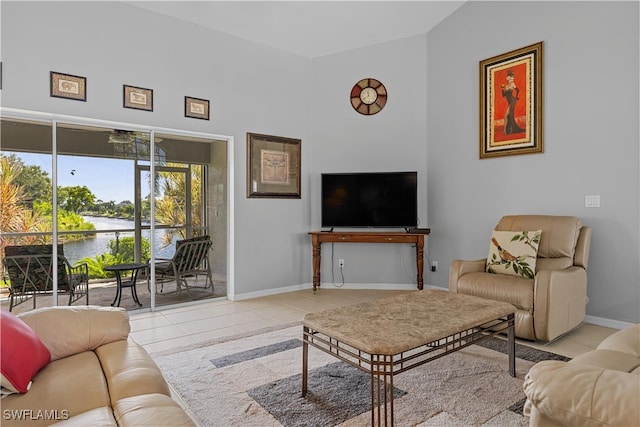 living room with light tile patterned flooring