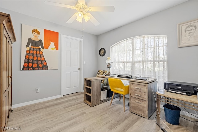 office space with light hardwood / wood-style floors and ceiling fan