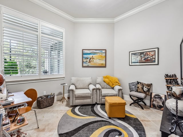 living area featuring ornamental molding and light tile patterned flooring