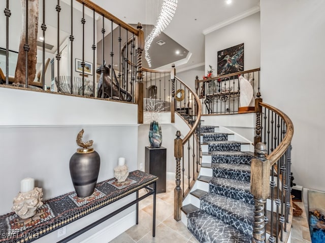 stairs featuring ornamental molding