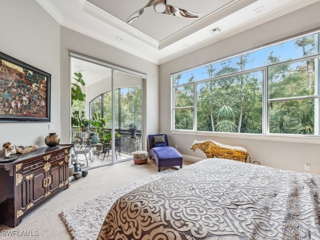 carpeted bedroom featuring crown molding, access to outside, and ceiling fan