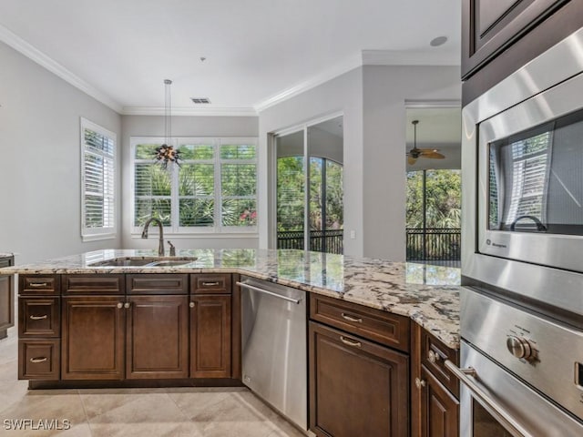 28520 Calabria Ct Unit 201, Naples, FL 34110 - kitchen featuring ornamental molding, a sink, light stone counters, and dishwasher
