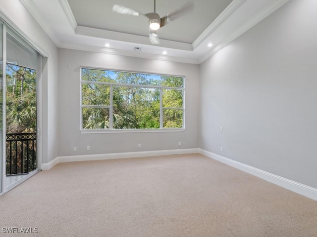 28520 Calabria Ct Unit 201, Naples, FL 34110 - empty room featuring ornamental molding, light carpet, and a tray ceiling