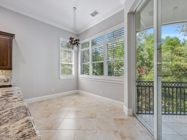 28520 Calabria Ct Unit 201, Naples, FL 34110 - unfurnished dining area featuring baseboards, visible vents, ornamental molding, and light tile patterned floors