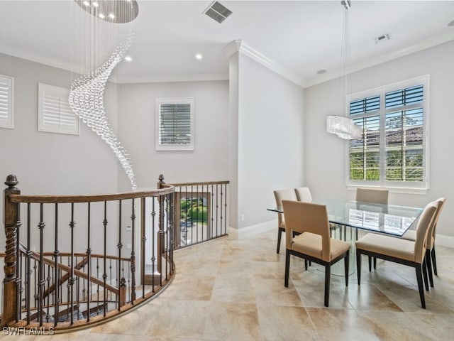 28520 Calabria Ct Unit 201, Naples, FL 34110 - dining space featuring baseboards, visible vents, crown molding, and a notable chandelier