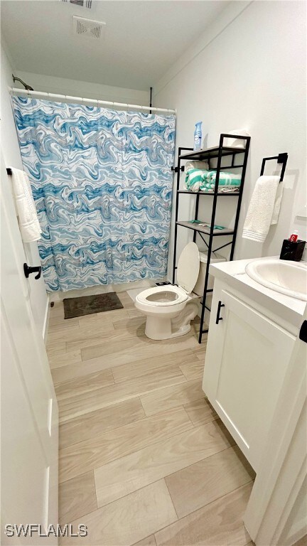 bathroom featuring wood-type flooring, a shower with curtain, vanity, and toilet