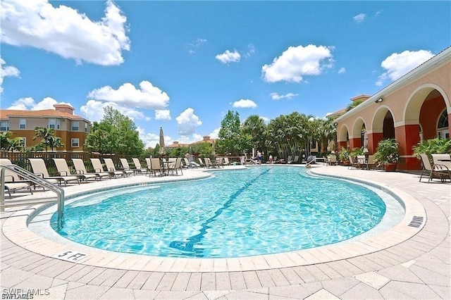 view of swimming pool with a patio