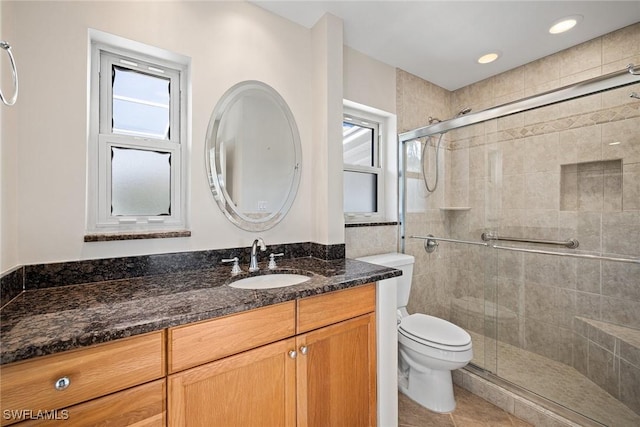 bathroom with vanity, toilet, plenty of natural light, and walk in shower