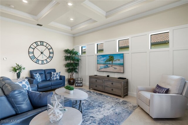 living room with beamed ceiling, crown molding, and coffered ceiling