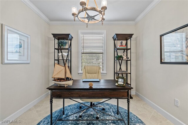 tiled home office with crown molding and an inviting chandelier