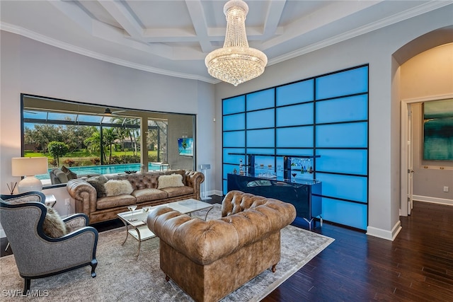 living room featuring ornamental molding, dark hardwood / wood-style floors, and coffered ceiling