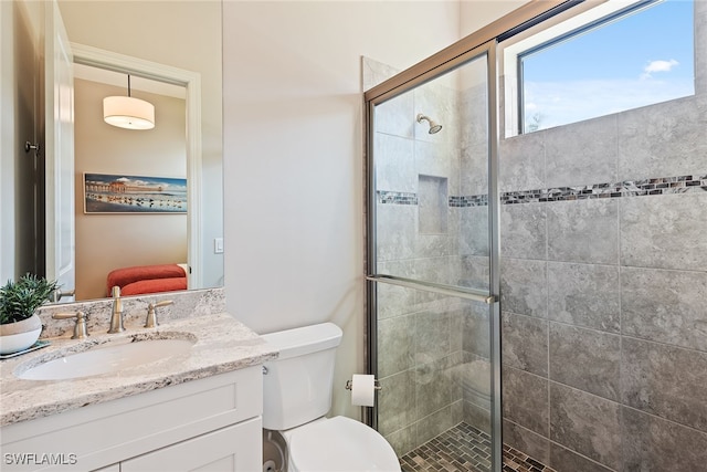 bathroom with vanity, toilet, and a shower with door