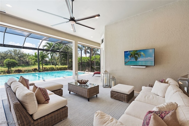 exterior space featuring ceiling fan