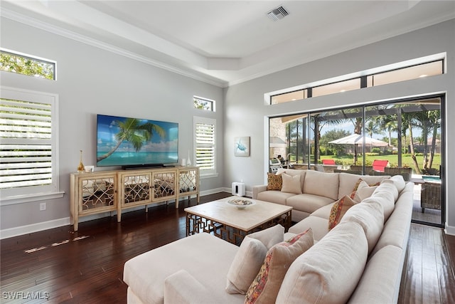 living room with crown molding, a high ceiling, and dark hardwood / wood-style floors