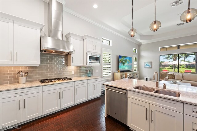 kitchen with wall chimney range hood, white cabinets, dark hardwood / wood-style flooring, appliances with stainless steel finishes, and sink