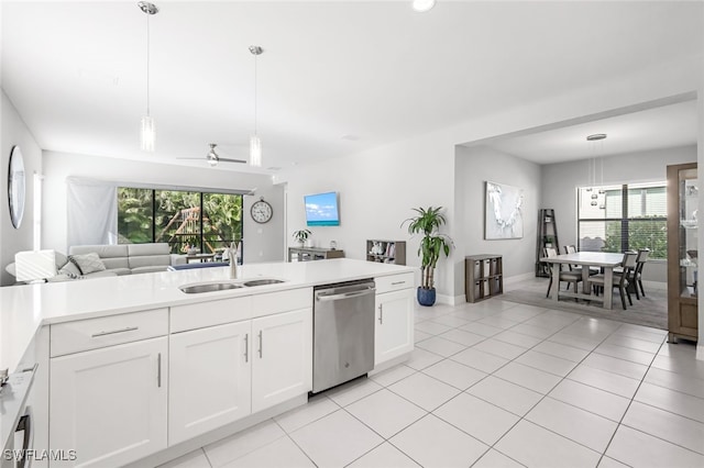 kitchen featuring sink, hanging light fixtures, stainless steel dishwasher, and white cabinets