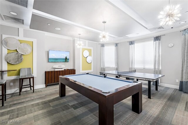 recreation room featuring ornamental molding, pool table, and an inviting chandelier