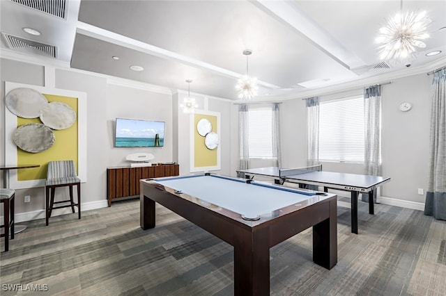 recreation room with beam ceiling, visible vents, crown molding, and baseboards