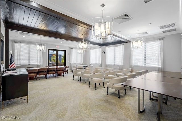 game room featuring french doors, light carpet, ornamental molding, and wooden ceiling