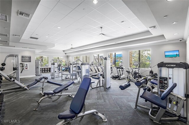 gym with a raised ceiling and plenty of natural light