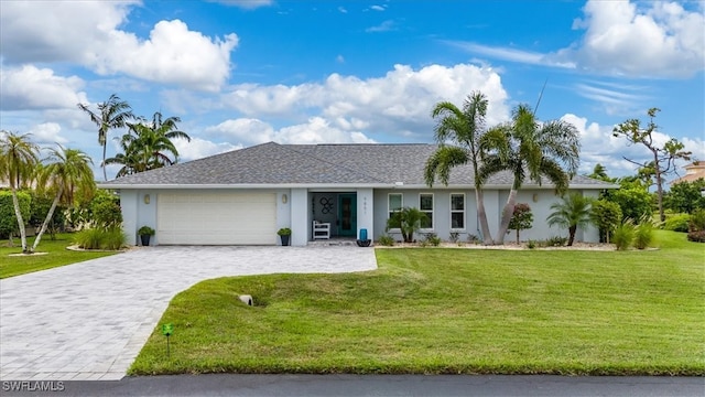 ranch-style home with a front yard and a garage