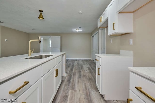 kitchen with white cabinets, sink, and light hardwood / wood-style flooring