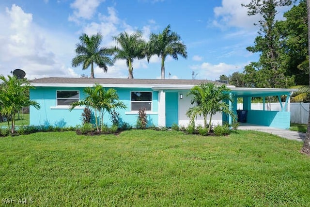 single story home with a front yard and a carport