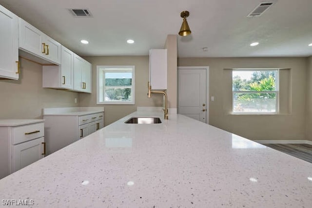 kitchen with light stone counters, decorative light fixtures, plenty of natural light, and sink