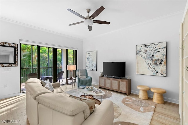 living room with french doors, light wood-type flooring, ceiling fan, and ornamental molding