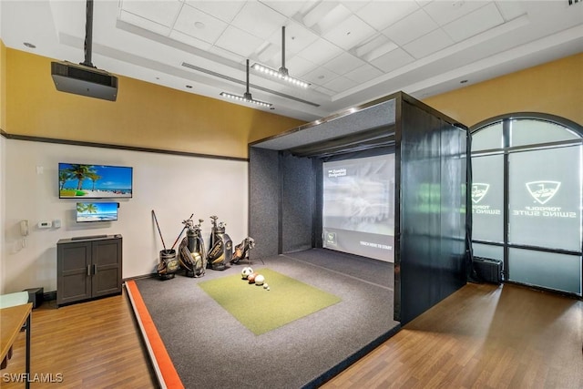 recreation room with wood-type flooring, a paneled ceiling, and golf simulator