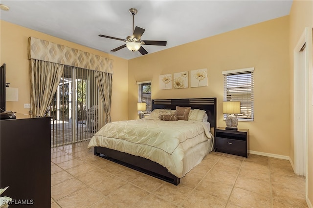 tiled bedroom featuring access to exterior and ceiling fan