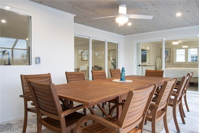 dining space featuring wooden ceiling and ceiling fan