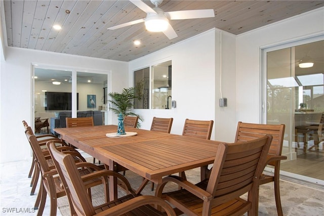 dining space with wooden ceiling and ceiling fan