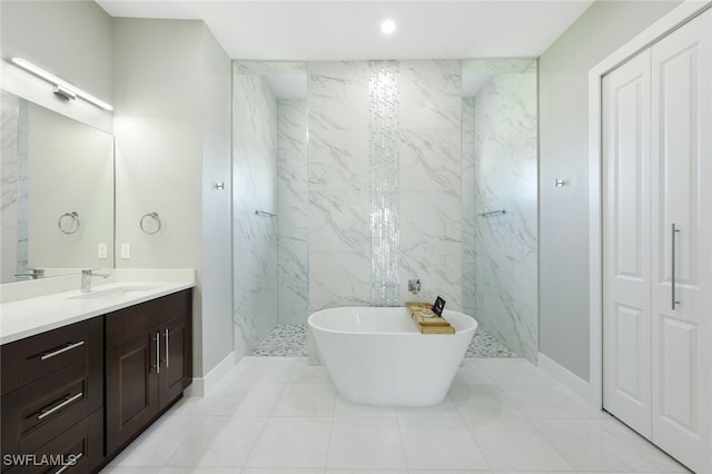 full bath featuring recessed lighting, a marble finish shower, a soaking tub, and vanity