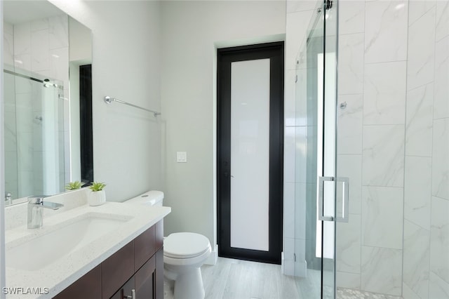 full bathroom featuring a shower stall, toilet, and vanity