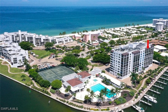 birds eye view of property featuring a water view