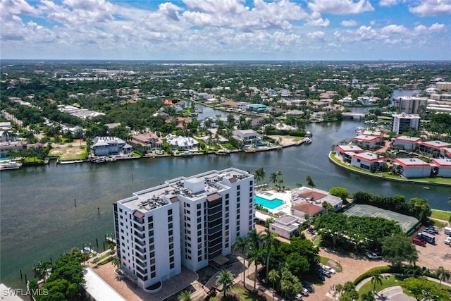 drone / aerial view featuring a water view