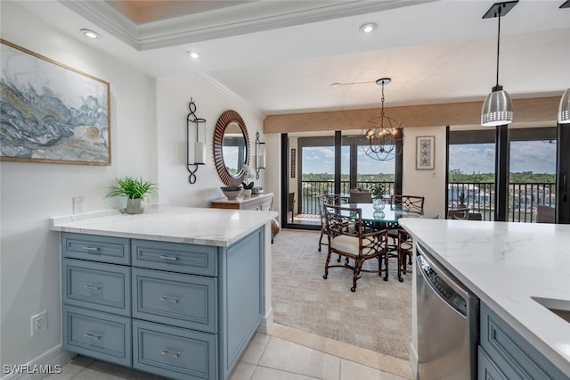 kitchen featuring decorative light fixtures, dishwasher, ornamental molding, light stone counters, and light carpet