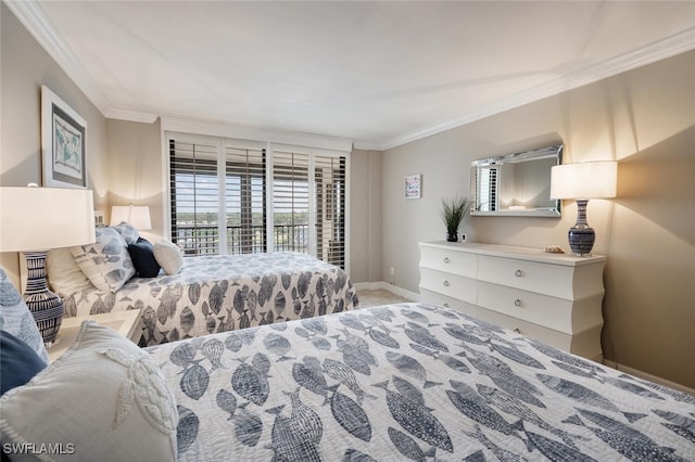 bedroom featuring access to exterior, crown molding, and carpet floors