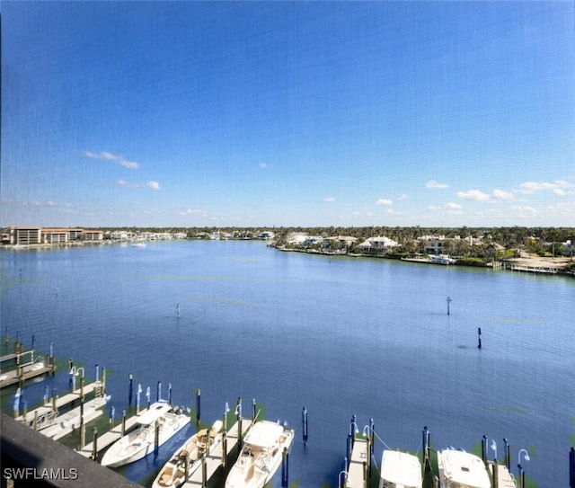 view of water feature with a dock